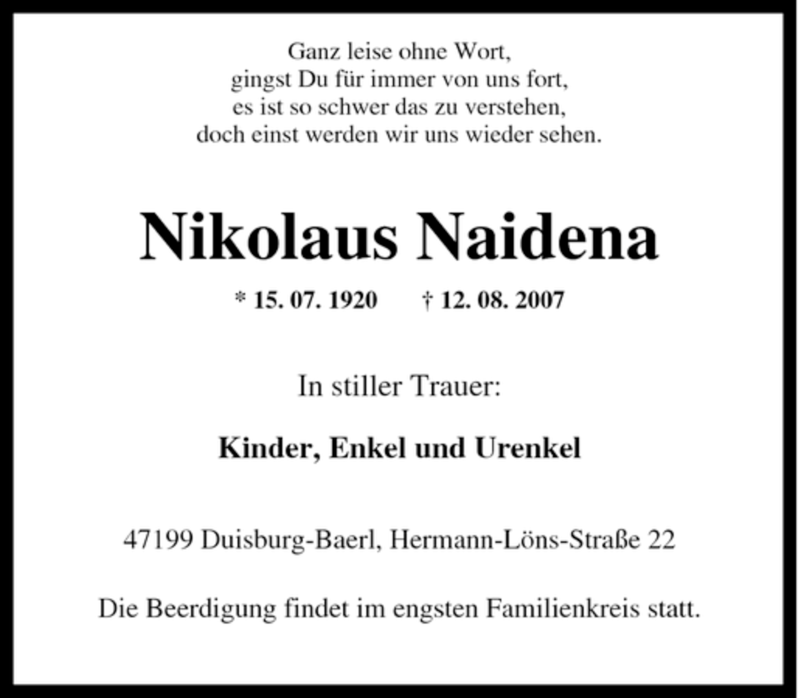 Traueranzeigen Von Nikolaus Naidena Trauer In Nrw De