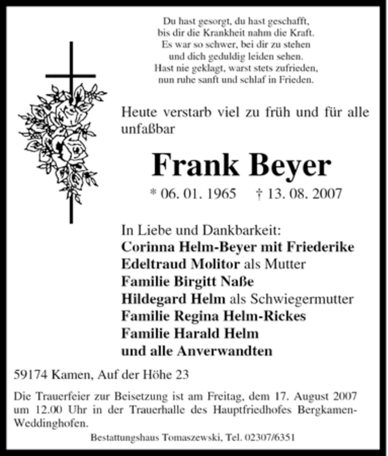 Traueranzeigen Von Frank Beyer Trauer In Nrw De