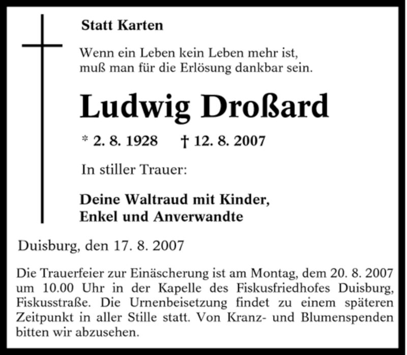 Traueranzeigen Von Ludwig Dro Ard Trauer In Nrw De