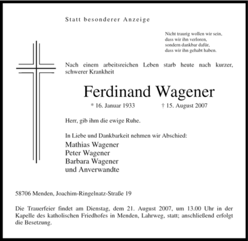 Traueranzeigen Von Ferdinand Wagener Trauer In Nrw De