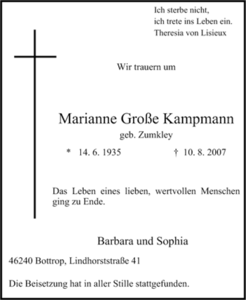 Traueranzeigen von Marianne Große Kampmann Trauer in NRW de