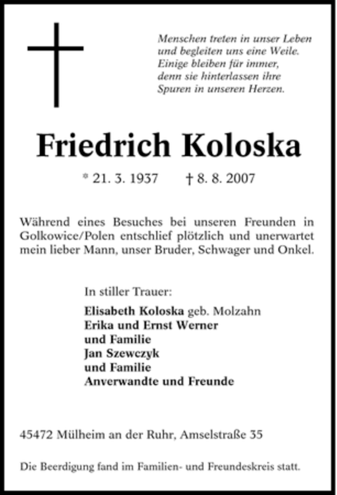 Traueranzeigen Von Friedrich Koloska Trauer In Nrw De