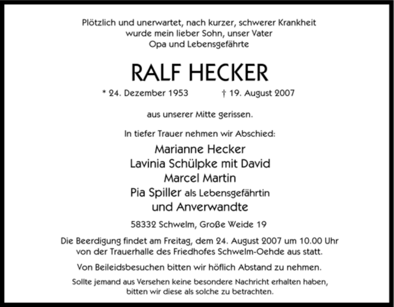 Traueranzeigen Von Ralf Hecker Trauer In Nrw De