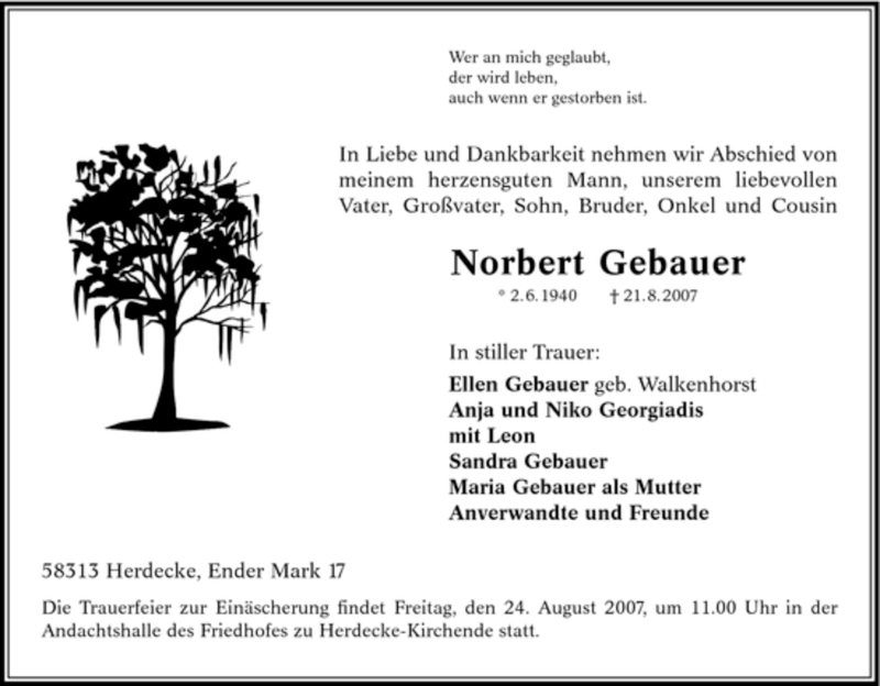 Traueranzeigen Von Norbert Gebauer Trauer In NRW De