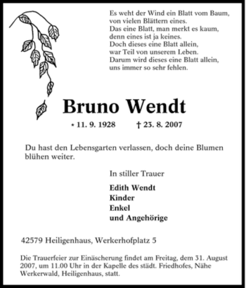 Traueranzeigen Von Bruno Wendt Trauer In Nrw De