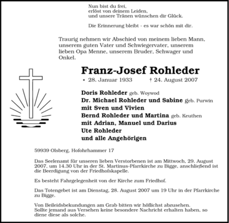 Traueranzeigen Von Franz Josef Rohleder Trauer In Nrw De