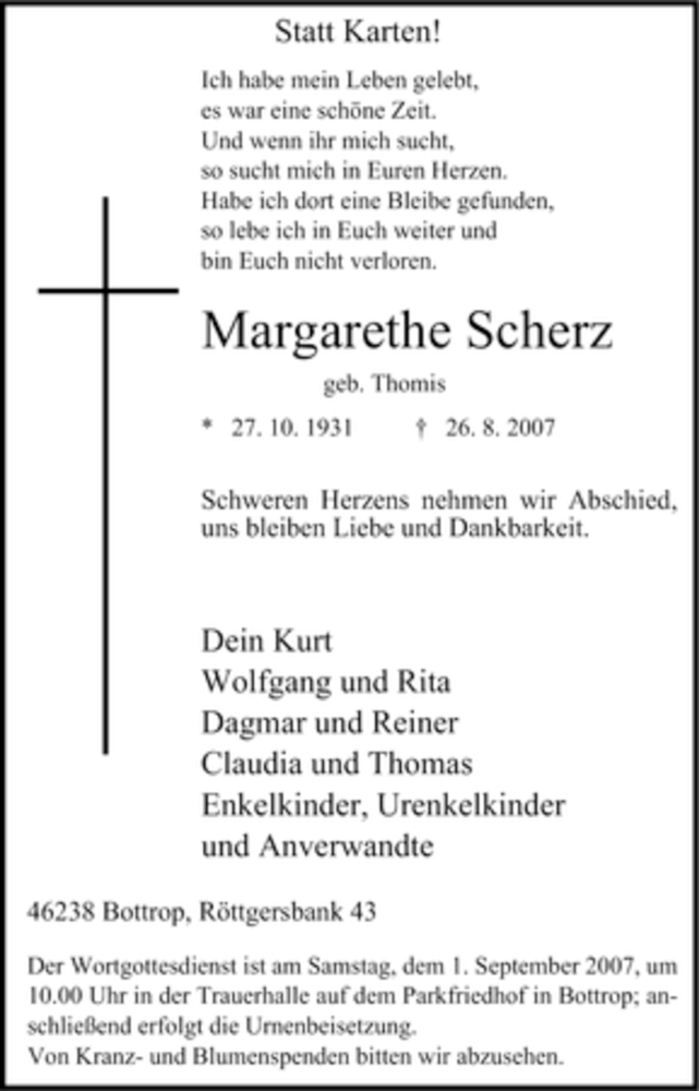 Traueranzeigen Von Margarethe Scherz Trauer In Nrw De