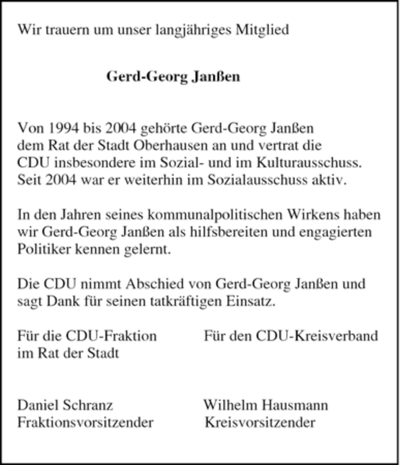 Traueranzeigen von Gerd Georg Janßen Trauer in NRW de