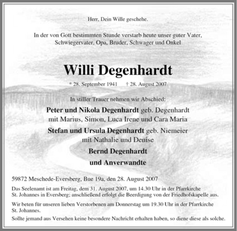 Traueranzeigen Von Willi Degenhardt Trauer In Nrw De