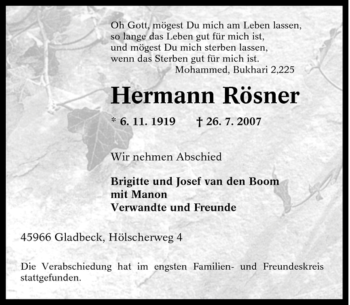 Traueranzeigen von Hermann Rösner Trauer in NRW de