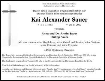 Traueranzeigen Von Kai Alexander Sauer Trauer In Nrw De