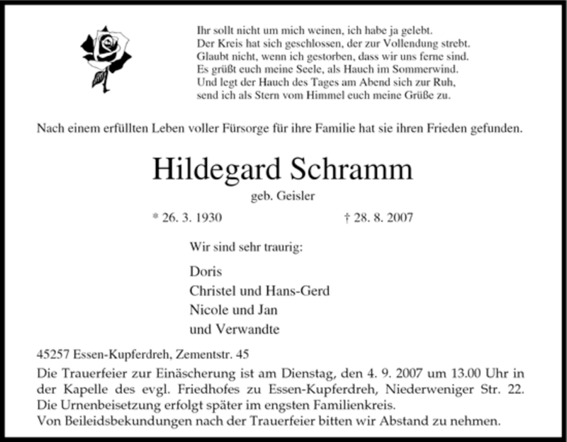 Traueranzeigen Von Hildegard Schramm Trauer In Nrw De