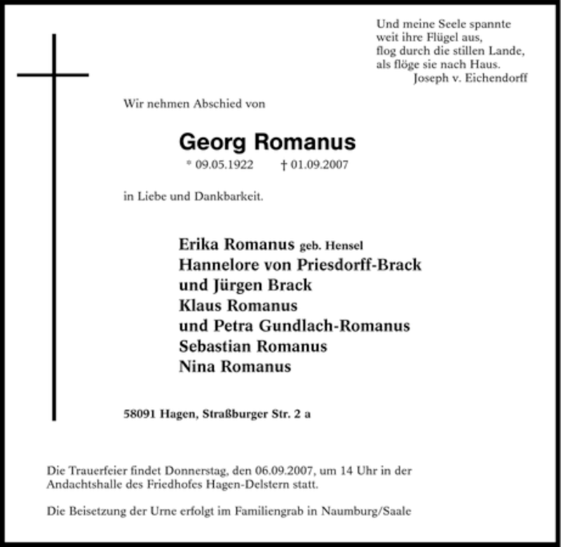 Traueranzeigen Von Georg Romanus Trauer In Nrw De