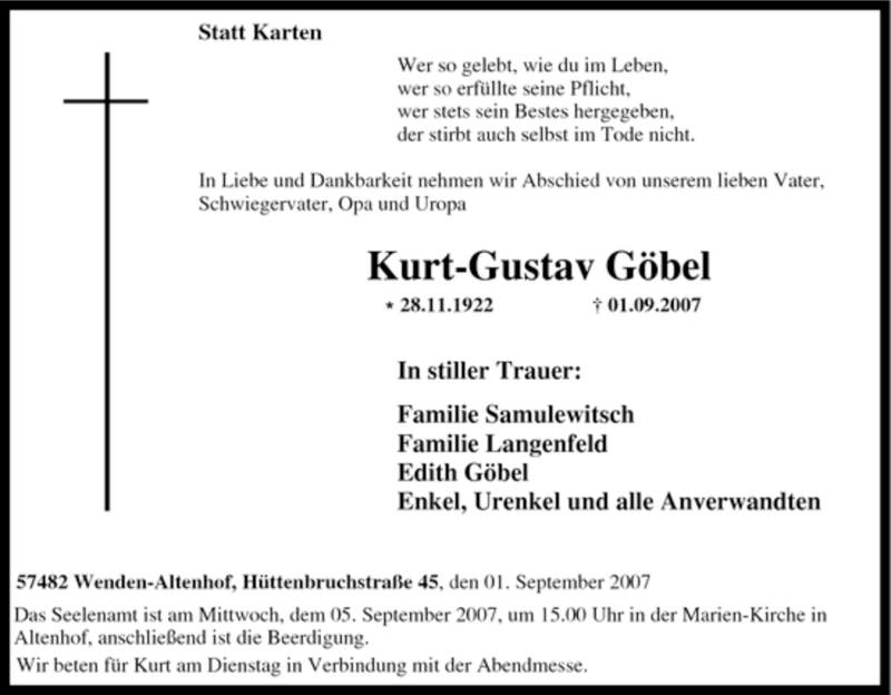 Traueranzeigen von Kurt Gustav Göbel Trauer in NRW de