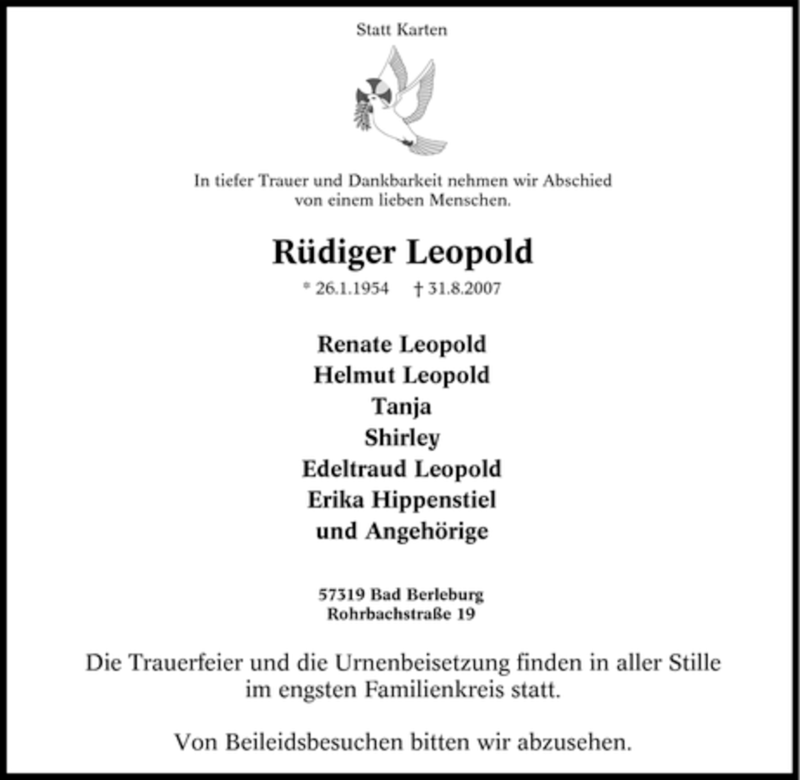 Traueranzeigen von Rüdiger Leopold Trauer in NRW de