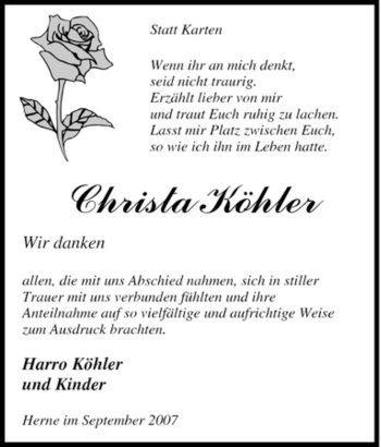 Traueranzeigen von Christa Köhler Trauer in NRW de