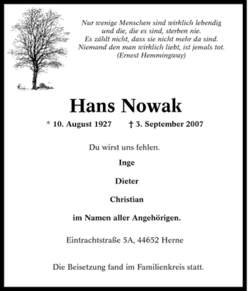 Traueranzeigen Von Hans Nowak Trauer In Nrw De