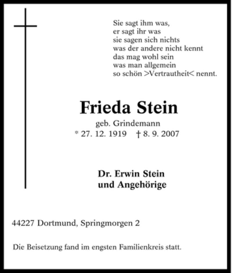 Traueranzeigen Von Frieda Stein Trauer In Nrw De