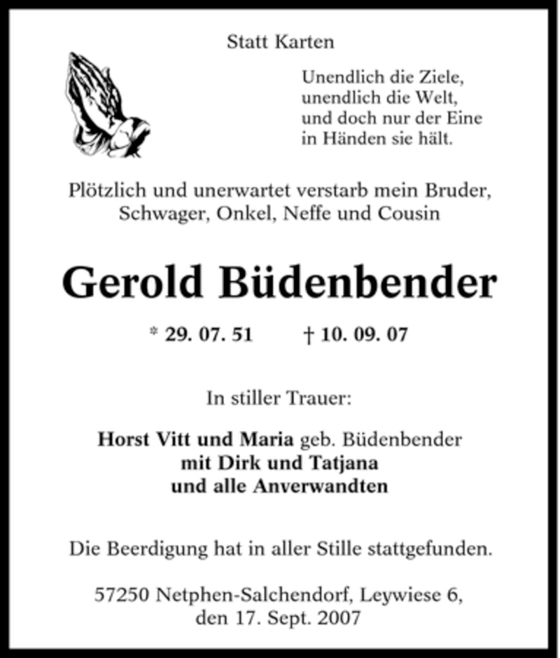 Traueranzeigen Von Gerold B Denbender Trauer In Nrw De