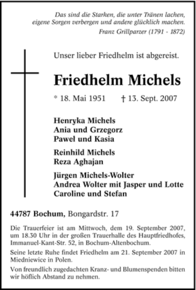 Traueranzeigen Von Friedhelm Michels Trauer In Nrw De