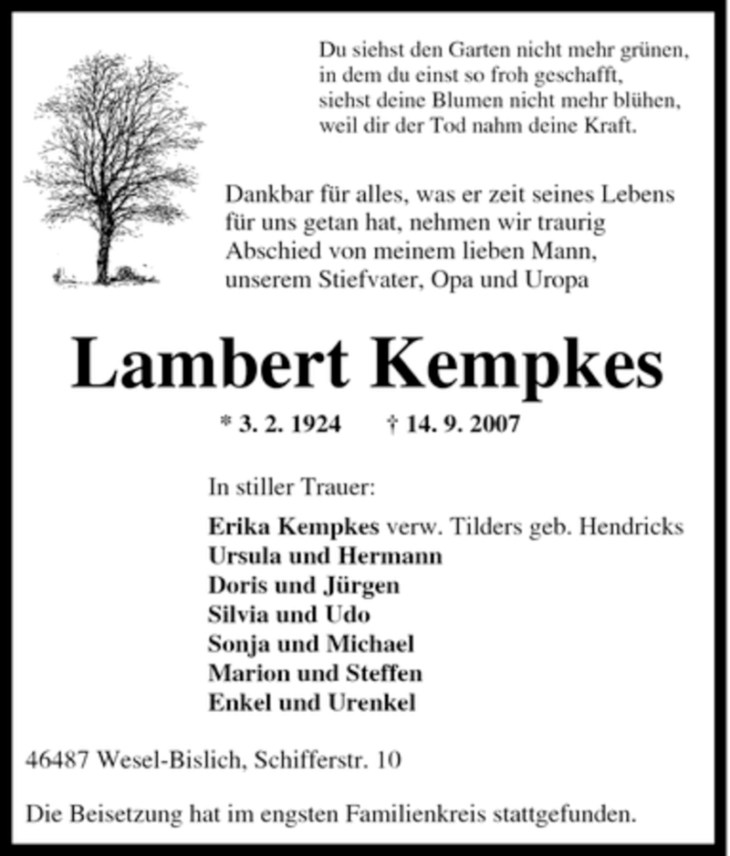 Traueranzeigen Von Lambert Kempkes Trauer In Nrw De