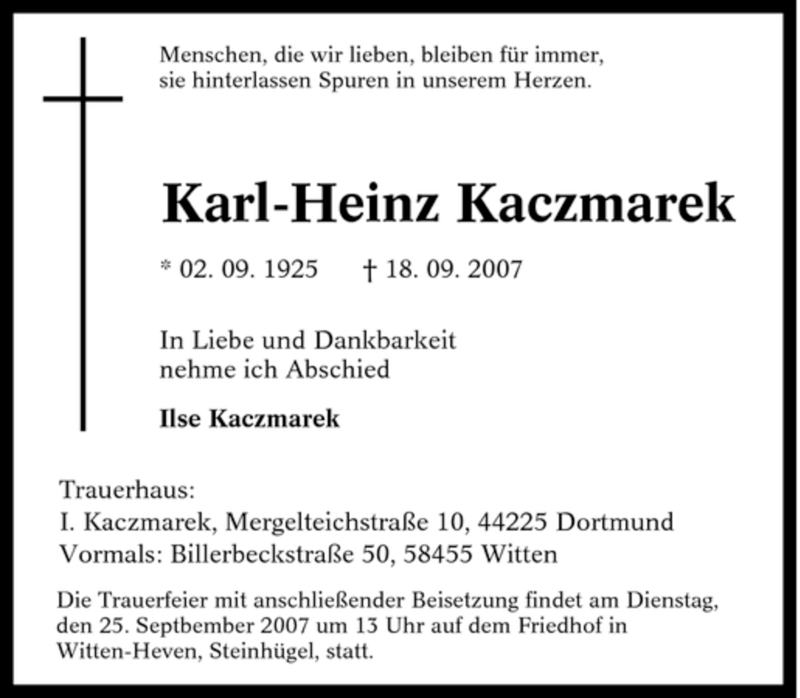 Traueranzeigen Von Karl Heinz Kaczmarek Trauer In NRW De