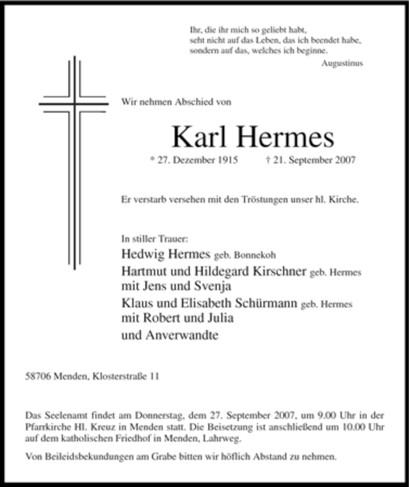 Traueranzeigen Von Karl Hermes Trauer In Nrw De