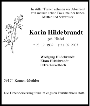 Traueranzeigen Von Karin Hildebrandt Trauer In NRW De