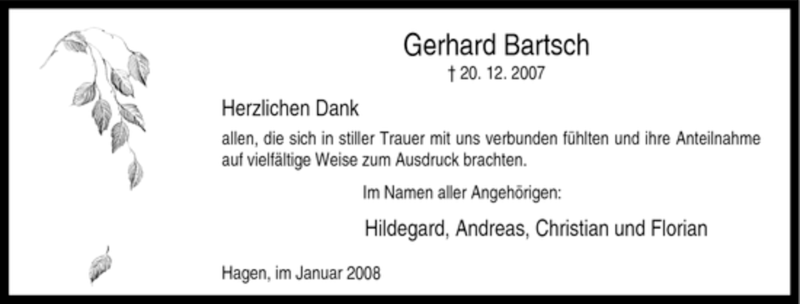 Traueranzeigen Von Gerhard Bartsch Trauer In Nrw De