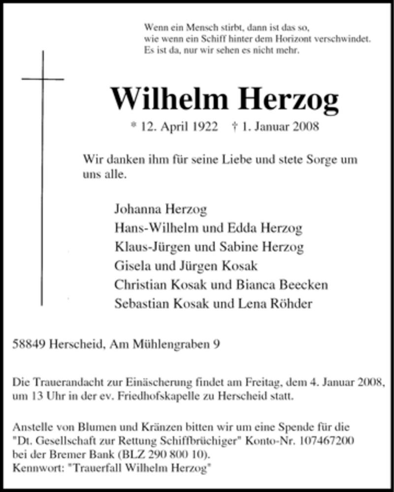 Traueranzeigen Von Wilhelm Herzog Trauer In Nrw De