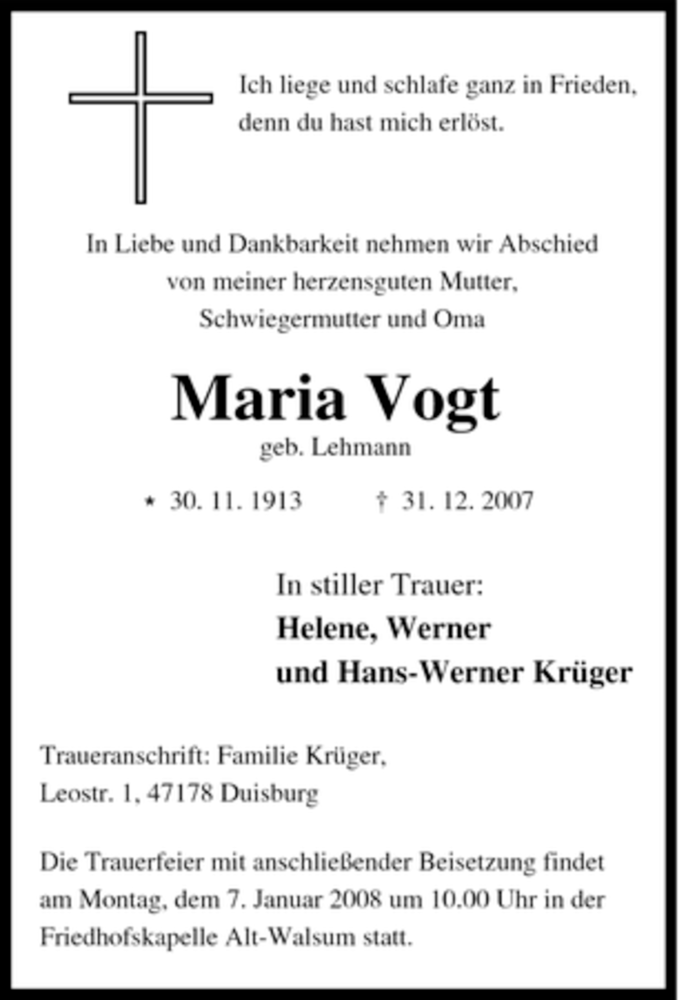 Traueranzeigen Von Maria Vogt Trauer In Nrw De