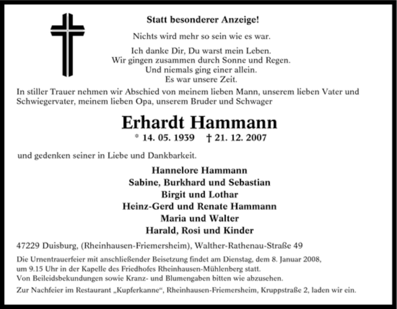 Traueranzeigen Von Erhardt Hammann Trauer In NRW De