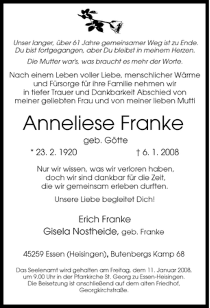 Traueranzeigen Von Anneliese Franke Trauer In Nrw De