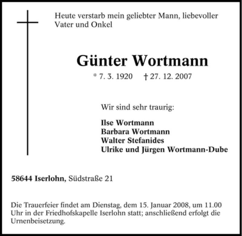 Traueranzeigen von Günter Wortmann Trauer in NRW de