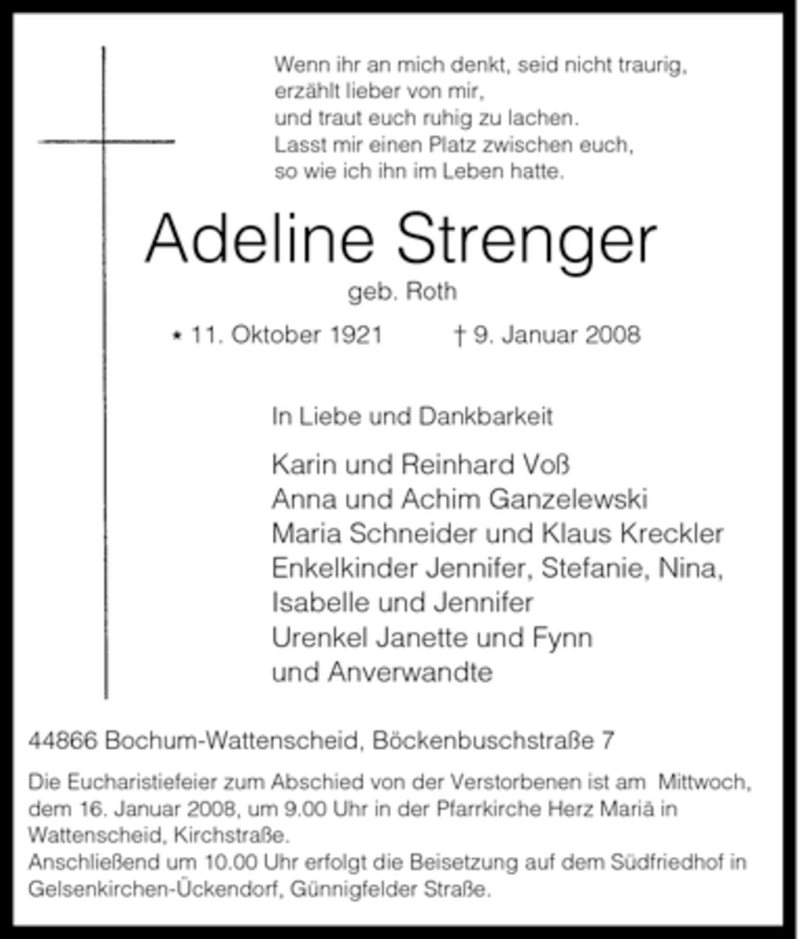 Traueranzeigen Von Adeline Strenger Trauer In Nrw De