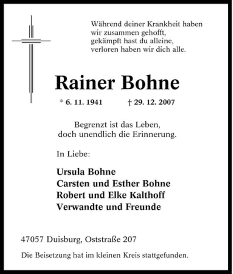 Traueranzeigen Von Rainer Bohne Trauer In NRW De