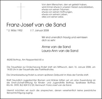 Traueranzeigen Von Franz Josef Van De Sand Trauer In NRW De