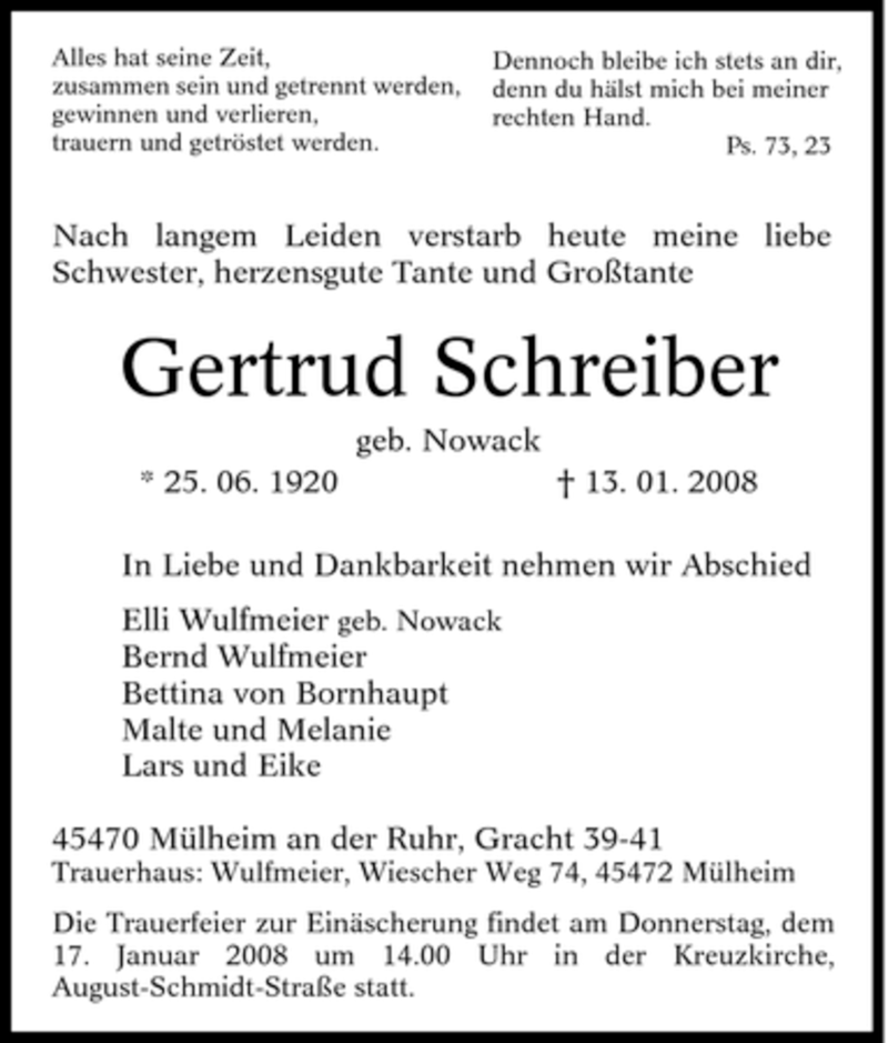 Traueranzeigen Von Gertrud Schreiber Trauer In NRW De