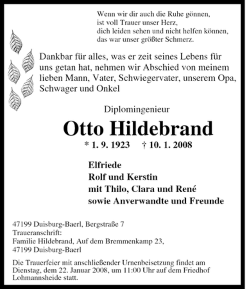 Traueranzeigen Von Otto Hildebrand Trauer In Nrw De