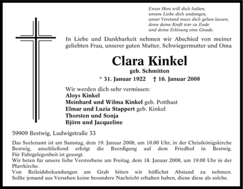 Traueranzeigen Von Clara Kinkel Trauer In NRW De