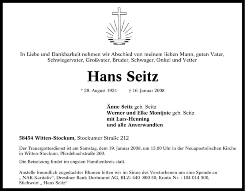 Traueranzeigen Von Hans Seitz Trauer In Nrw De