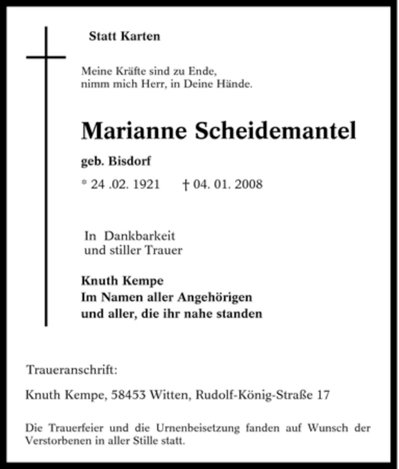 Traueranzeigen Von Marianne Scheidemantel Trauer In NRW De