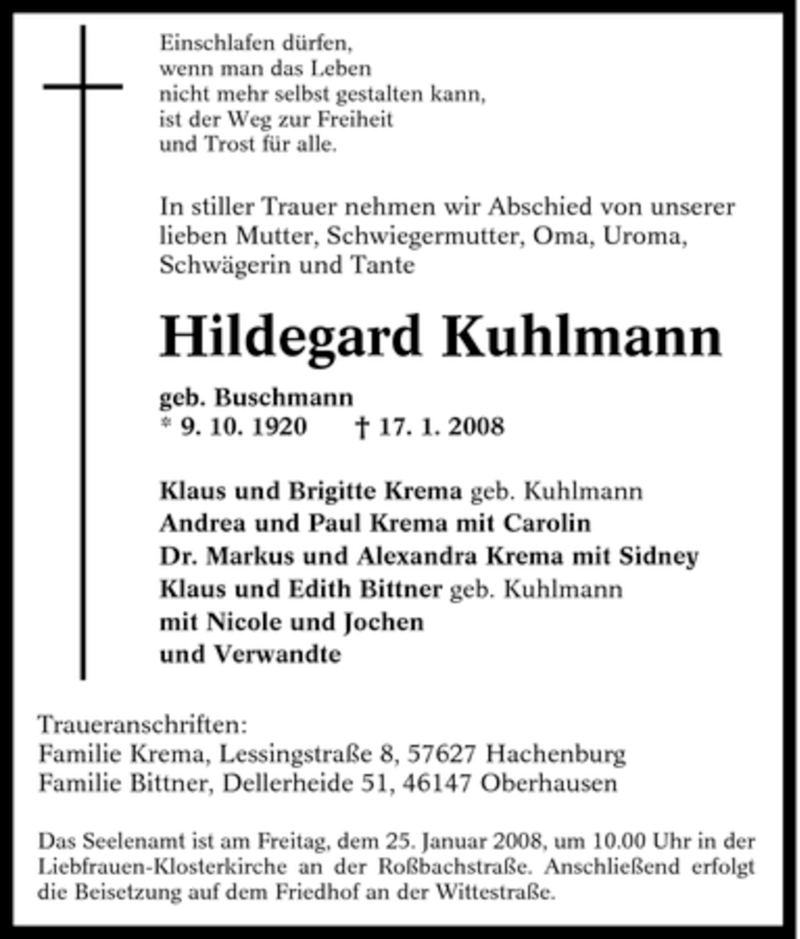 Traueranzeigen Von Hildegard Kuhlmann Trauer In NRW De