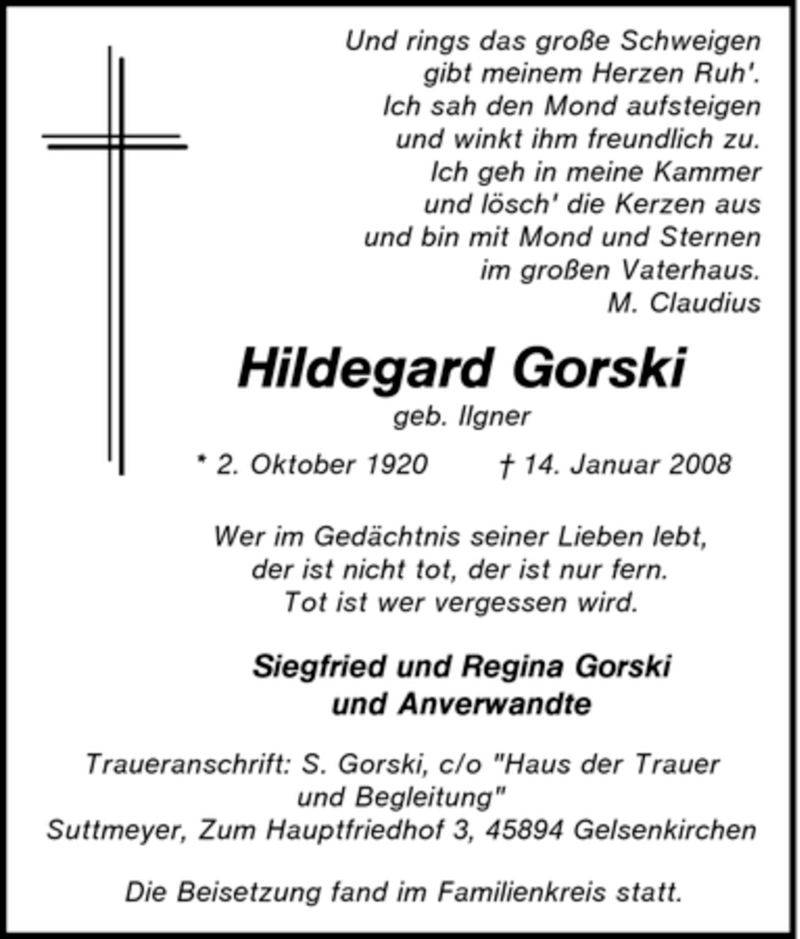 Traueranzeigen Von Hildegard Gorski Trauer In NRW De