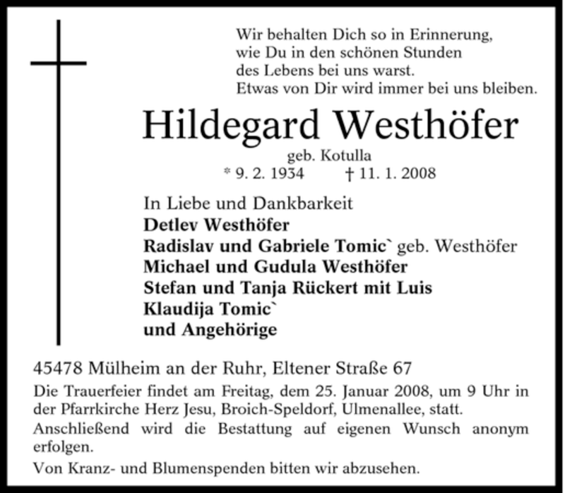 Traueranzeigen Von Hildegard Westh Fer Trauer In Nrw De