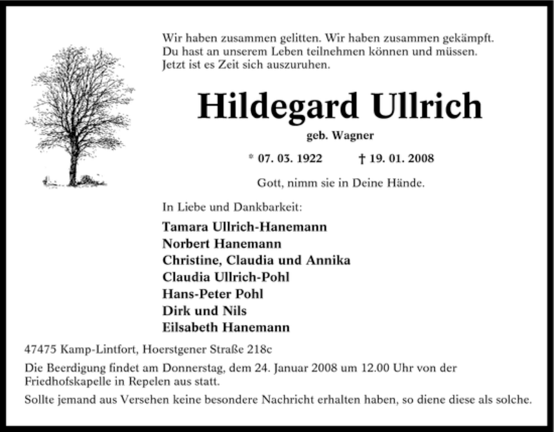 Traueranzeigen Von Hildegard Ullrich Trauer In NRW De