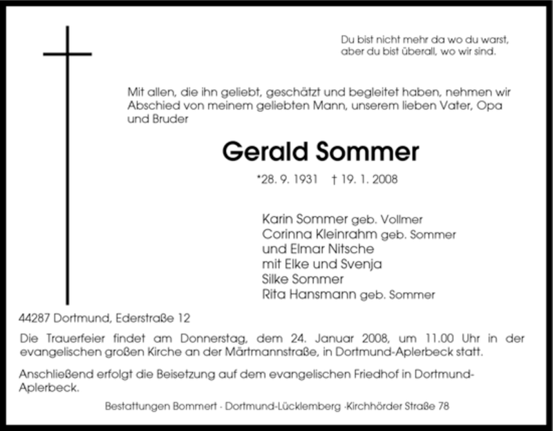 Traueranzeigen Von Gerald Sommer Trauer In NRW De