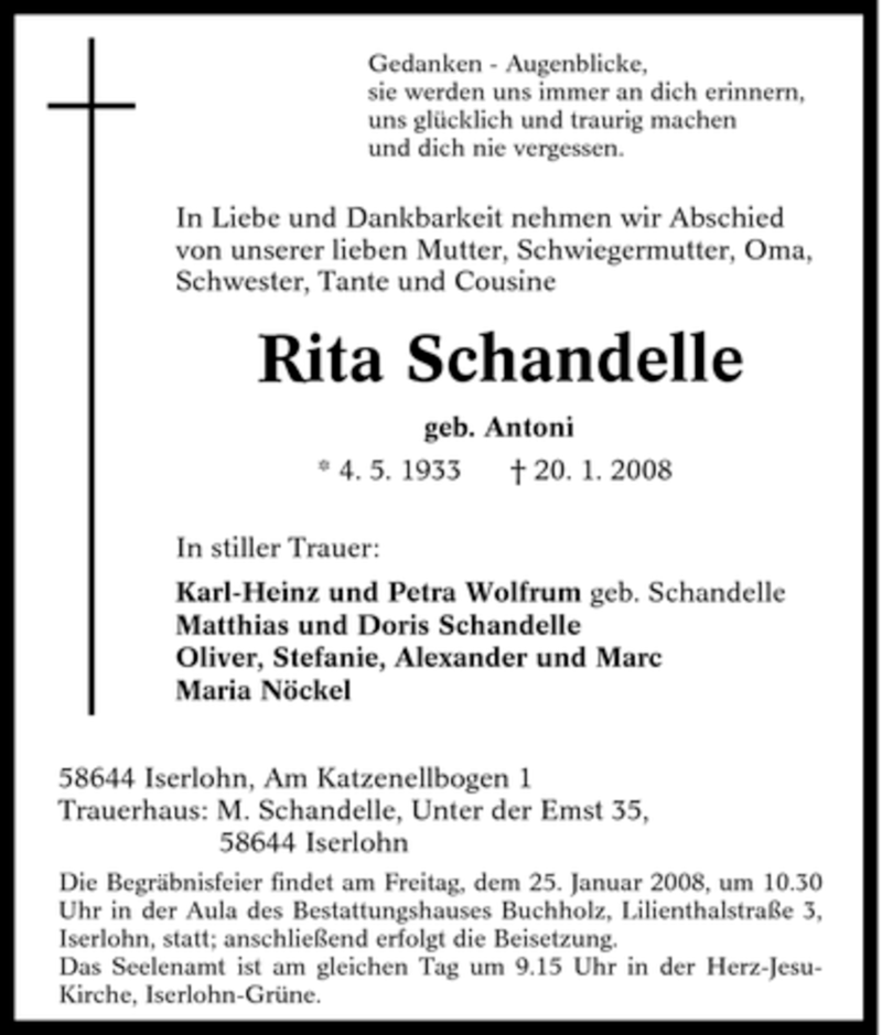 Traueranzeigen Von Rita Schandelle Trauer In Nrw De