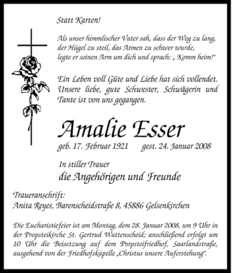 Traueranzeigen Von Amalie Esser Trauer In Nrw De