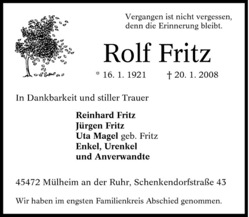 Traueranzeigen Von Rolf Fritz Trauer In Nrw De